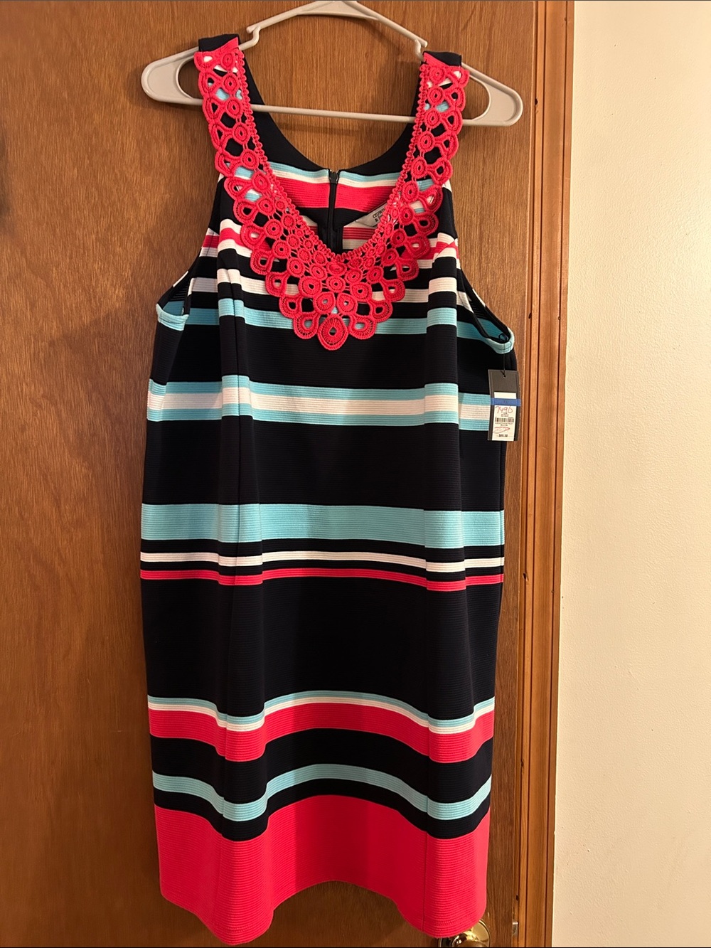 Women’s Striped Dress with Coral Crochet Neck